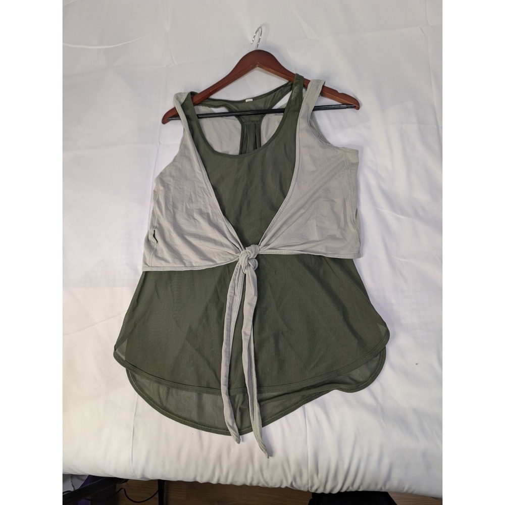 Lululemon Layered Tank Top Set Women's L/XL Olive Green Mesh Racerback Tie Front